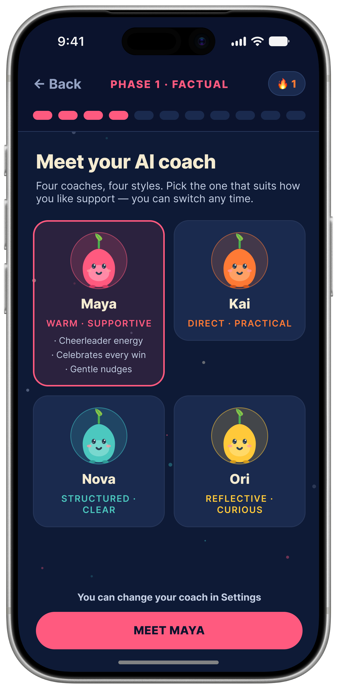 AI coach selection screen showing four coach personalities: Maya (warm, supportive), Kai (direct, practical), Nova (structured, clear) and Ori (reflective, curious)